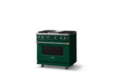 36"W. Sealed Burner Gas Range (Burner: 4g, Finish: Ivy, Trim: Brushed Brass, Fuel: Natural Gas)