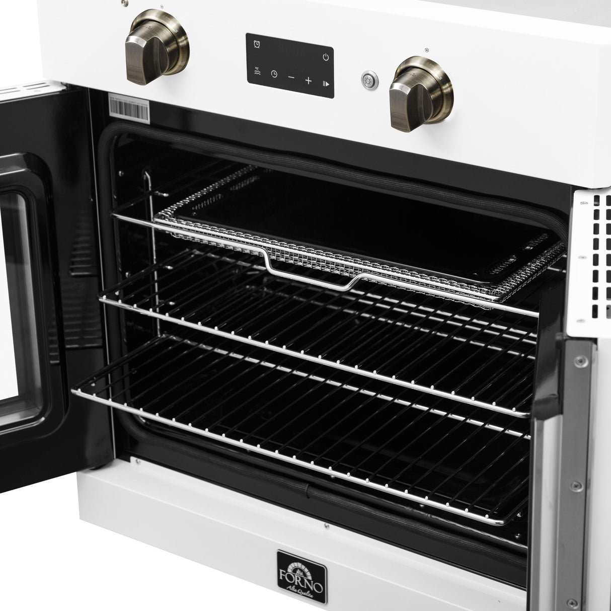 Forno Asti 30-Inch French Door Electric Wall Oven in White & Antique Brass, 3.68 cu. ft. True Convection, 3,600W, Air Fry, Sous Vide, Self-Clean