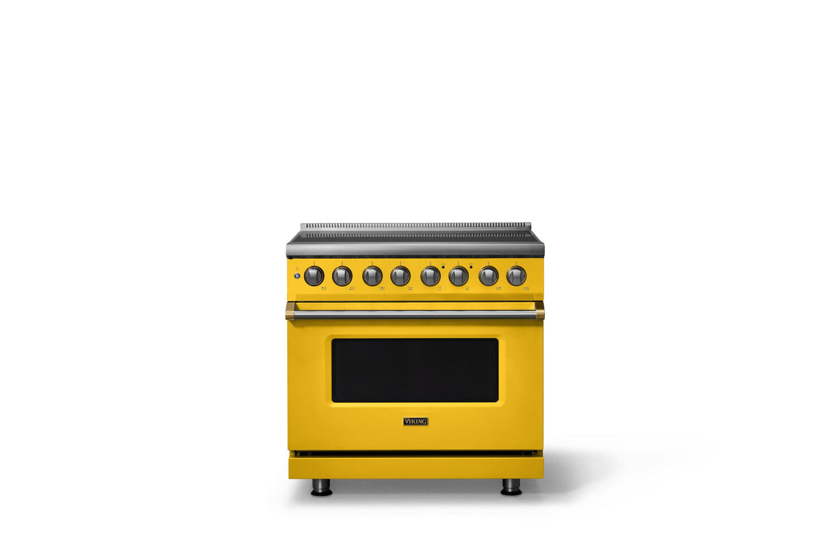 36"W. Induction Range (Finish: Daffodil, Trim: Brushed Brass)