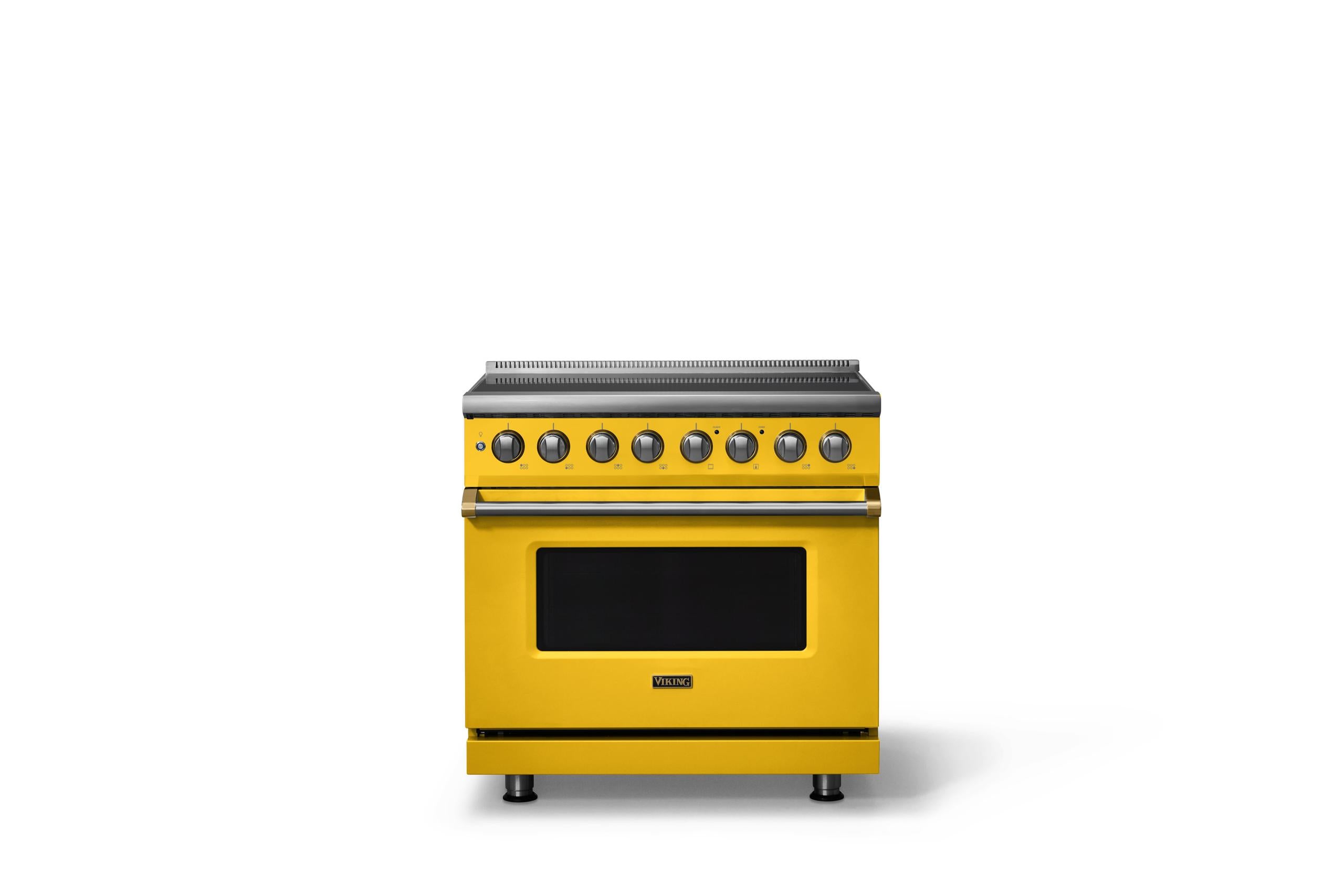 36"W. Induction Range (Finish: Daffodil, Trim: Brushed Brass)