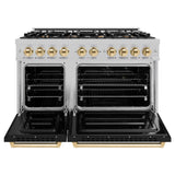 ZLINE Autograph Edition 48 in. 6.7 cu. ft. Classic Double Oven Dual Fuel Range with 8 Burner Gas Cooktop in DuraSnow' Stainless Steel with Black Matte Doors and Polished Gold Accents (CDRSZ-BLM-48-G)
