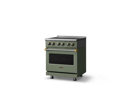 30"W. Electric Range (Finish: Eucalyptus, Trim: Brushed Brass)