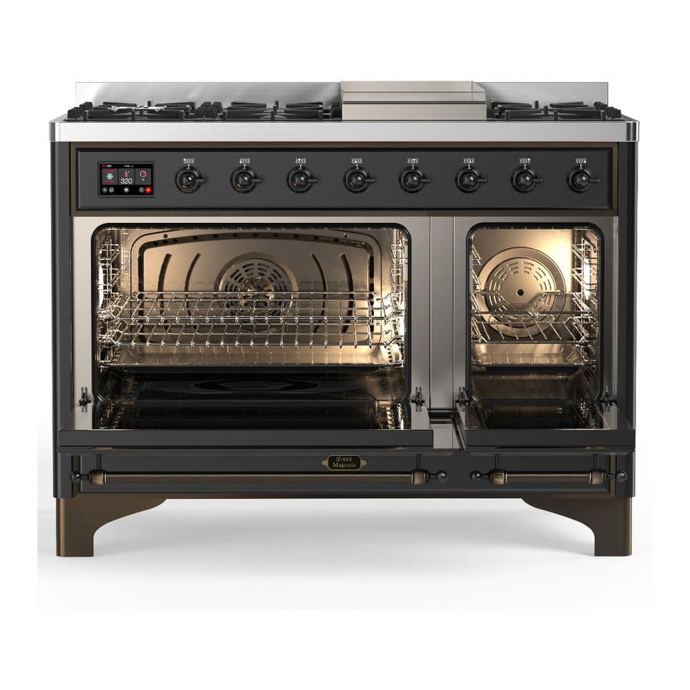 ILVE UM48FQNR3MGB Majestic III 48 inch Dual Fuel Range with 8 Burners and Griddle, Dual Function Burner up to 25,000 BTU (Natural Gas, Solid Door, Graphite Matte, Burnished)