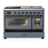 ILVE UM48FSNR3BGBLP Majestic III 48 inch Dual Fuel Range with 5 Black Brass Burners, Griddle and French Top, Dual Function Burner up to 25,000 BTU (Liquid Propane, Triple Glass Door, Blue Grey, Burnished)
