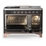 ILVE UM48FSQNR3BKPLP Majestic III 48 inch Dual Fuel Range with 5 Black Brass Burners, Griddle and French Top, Dual Function Burner up to 25,000 BTU (Liquid Propane, Solid Door, Glossy Black, Copper)