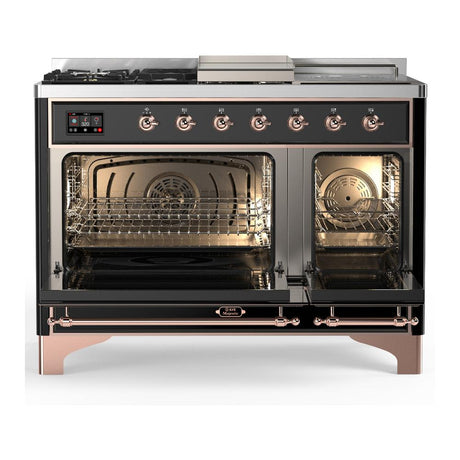 ILVE UM48FSQNR3BKPLP Majestic III 48 inch Dual Fuel Range with 5 Black Brass Burners, Griddle and French Top, Dual Function Burner up to 25,000 BTU (Liquid Propane, Solid Door, Glossy Black, Copper)