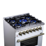 Forno Massimo 30 Inch Freestanding Dual Fuel Range in White with Antique Brass Accessories, 4 Burners, 4.32 cu. ft. Convection Oven