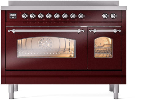Nostalgie II 48 Inch Electric Freestanding Range in Burgundy with Chrome Trim