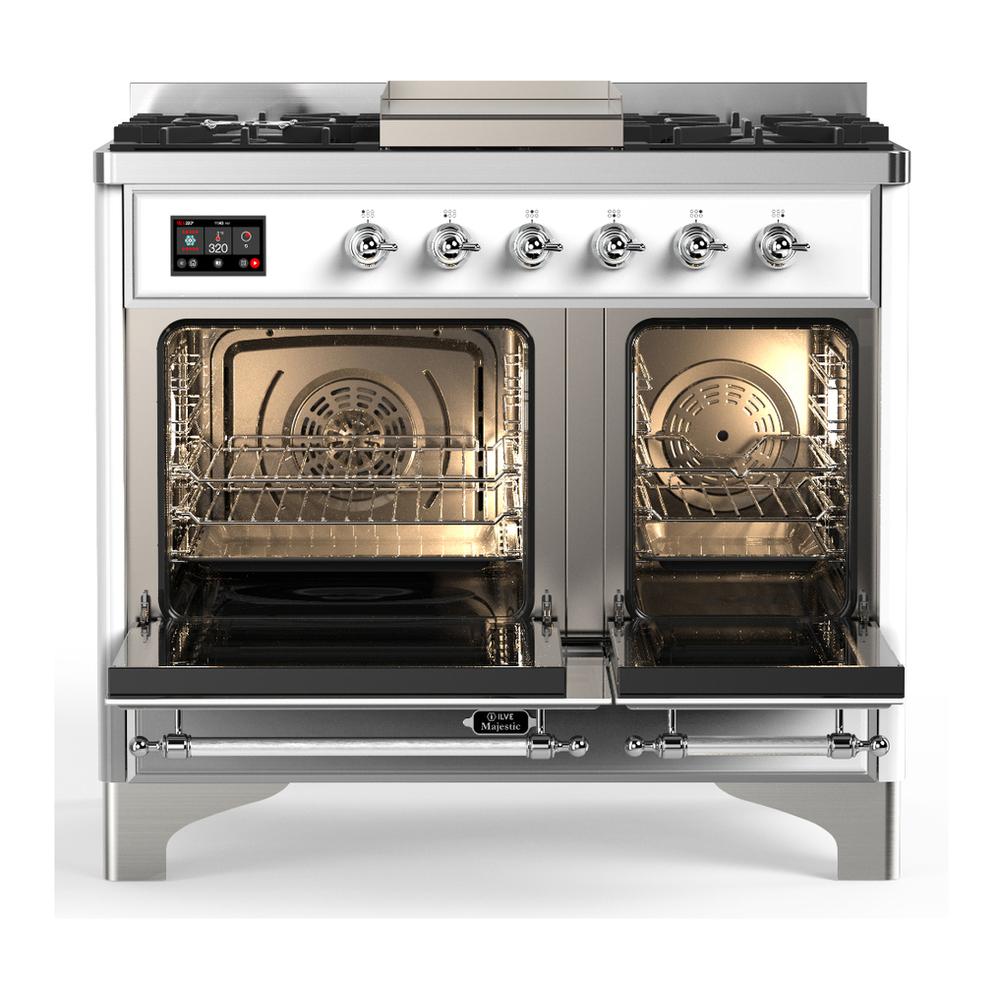 ILVE UMD40FQNR3WHC Majestic III 40 inch Dual Fuel Range with 6 Burners and Griddle, Dual Function Burner up to 25,000 BTU (Natural Gas, Solid Door, White, Chrome)