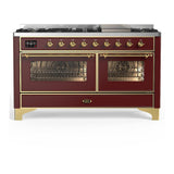 ILVE UM60FNR3BUGLP Majestic III 60 inch Dual Fuel Range with 9 Burners and Griddle, Dual Function Burner up to 25,000 BTU (Liquid Propane, Triple Glass Door, Burgundy, Brass)