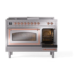 ILVE UN48FSNMPSSPLP Nostalgie II Noblesse 48 inch Dual Fuel Range (5 Sealed Burners + Griddle + French Top, Liquid Propane, Triple Glass Door, Stainless Steel, Copper)
