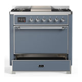 ILVE UM36FQNR3BGC Majestic III 36 inch Dual Fuel Range with 6 Black Brass Burners and Griddle, Dual Function Burner up to 25,000 BTU (Solid Door, Blue Grey, Chrome, Natural Gas)