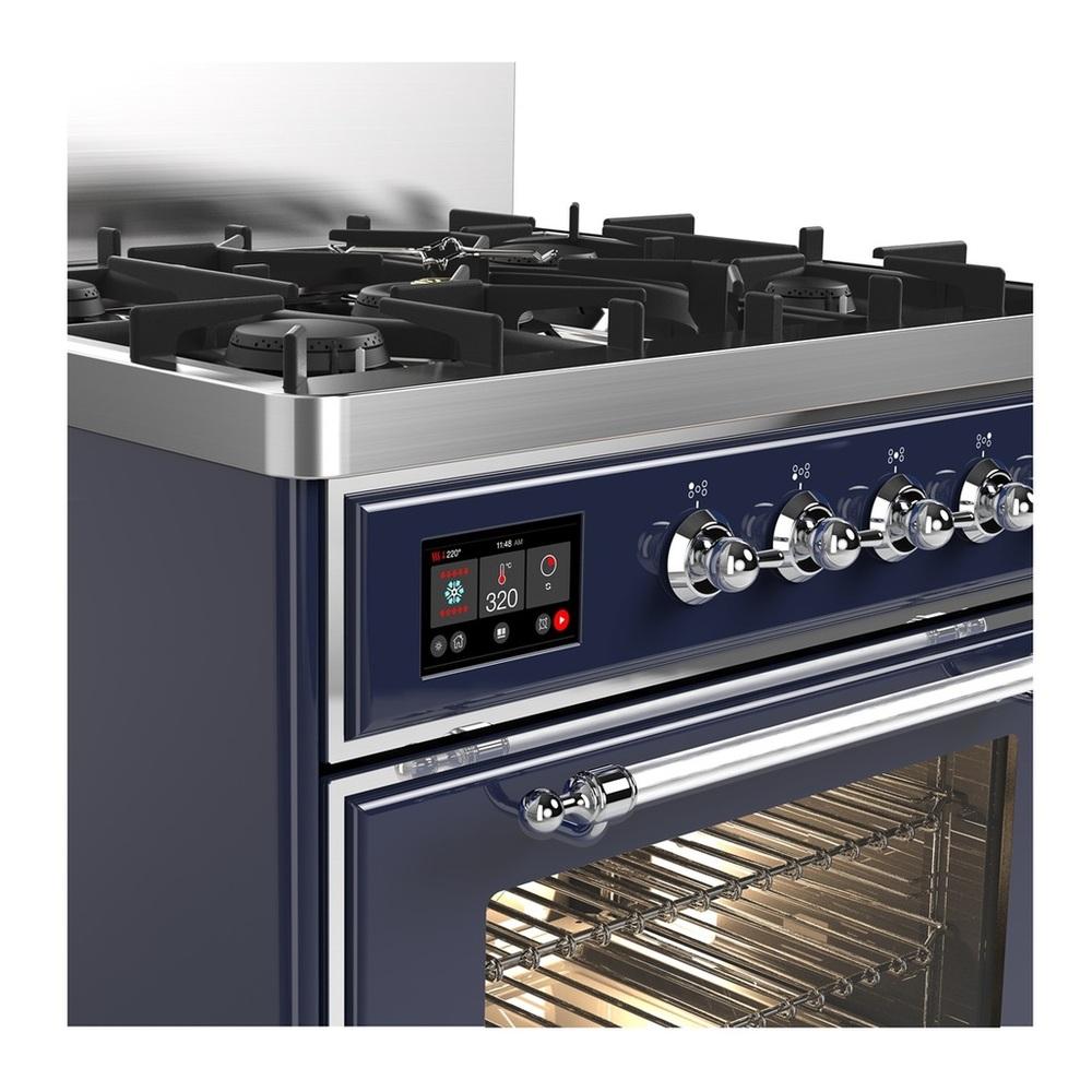 ILVE UM30NR3MBC Majestic III 30 inch Dual Fuel Range with 5 Black Brass Burners, Dual Function Burner up to 25,000 BTU (Natural Gas, Triple Glass Door, Midnight Blue, Chrome)