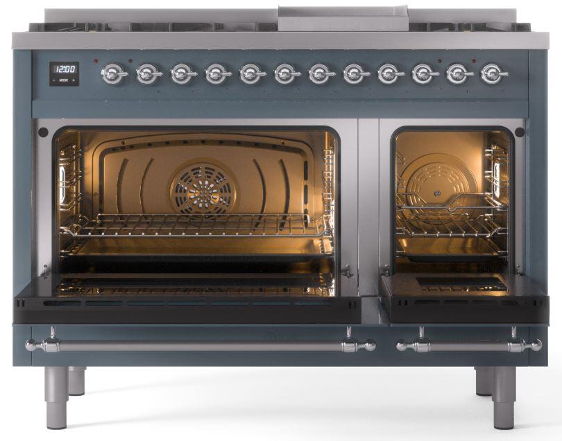 Nostalgie II 48 Inch Dual Fuel Natural Gas Freestanding Range in Blue Grey with Chrome Trim