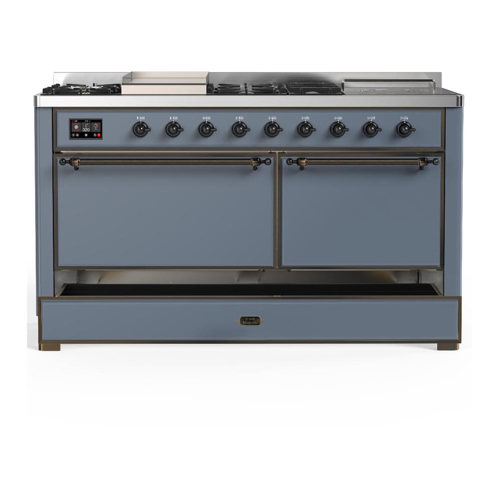 ILVE UM60FSQNR3BGB Majestic III 60 inch Dual Fuel Range with 7 Burners, Griddle and French Top, Dual Function Burner with up to 25,000 BTU (Natural Gas, Solid Door, Blue Grey, Burnished)
