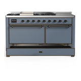 ILVE UM60FSQNR3BGB Majestic III 60 inch Dual Fuel Range with 7 Burners, Griddle and French Top, Dual Function Burner with up to 25,000 BTU (Natural Gas, Solid Door, Blue Grey, Burnished)
