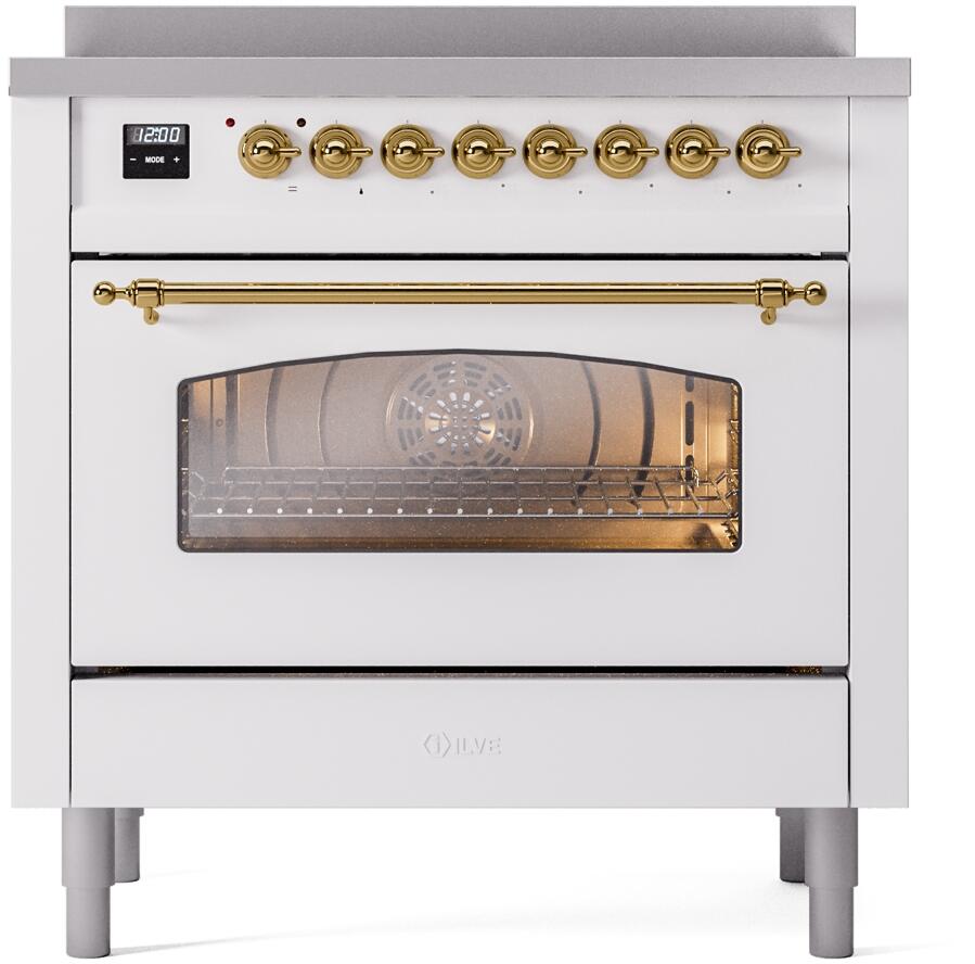 Nostalgie II 36 Inch Electric Freestanding Range in White with Brass Trim
