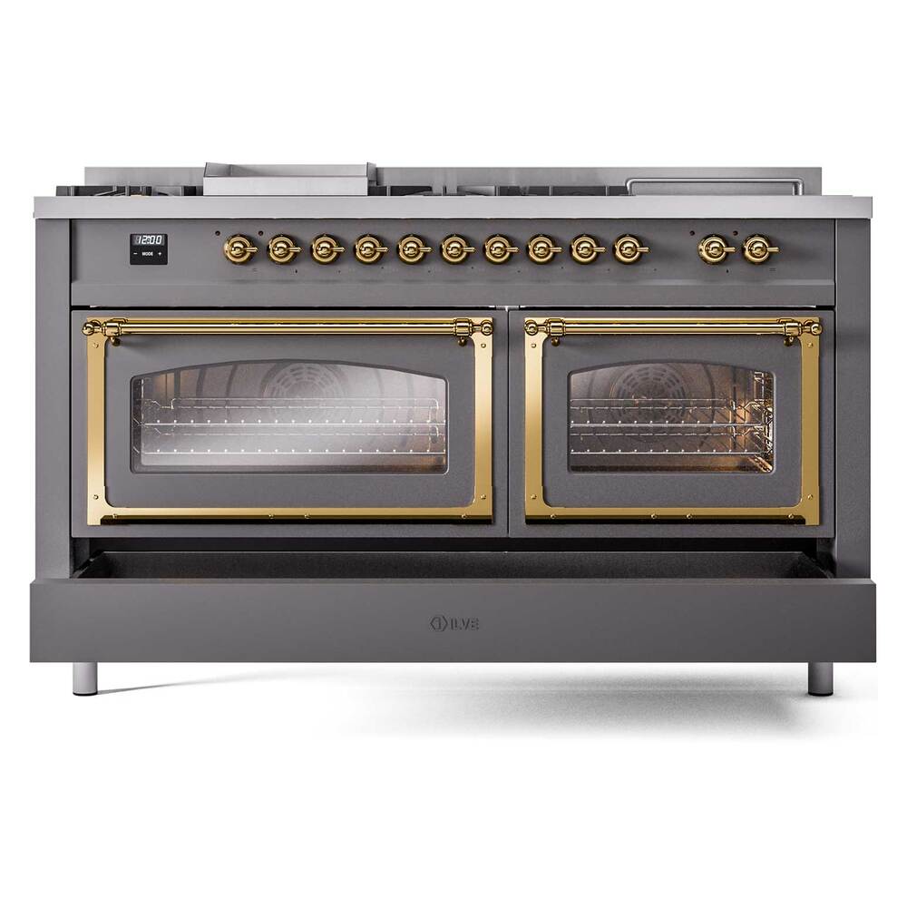 ILVE UN60FSNMPMGGLP Nostalgie II Noblesse 60 inch Dual Fuel Range (7 Sealed Burners + Griddle + French Top, Liquid Propane, Triple Glass Door, Graphite Matte, Brass)