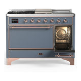 ILVE UM48FSQNR3BGP Majestic III 48 inch Dual Fuel Range with 5 Black Brass Burners, Griddle and French Top, Dual Function Burner up to 25,000 BTU (Natural Gas, Solid Door, Blue Grey, Copper)