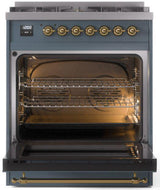 Nostalgie II 30 Inch Dual Fuel Natural Gas Freestanding Range in Blue Grey with Brass Trim