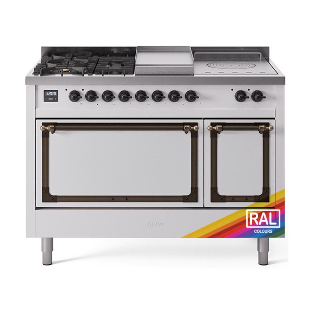 ILVE UN48FSQNMPRABLP Nostalgie II Noblesse 48 inch Dual Fuel Range (5 Sealed Burners + Griddle + French Top, Liquid Propane, Solid Door, RAL, Burnished)