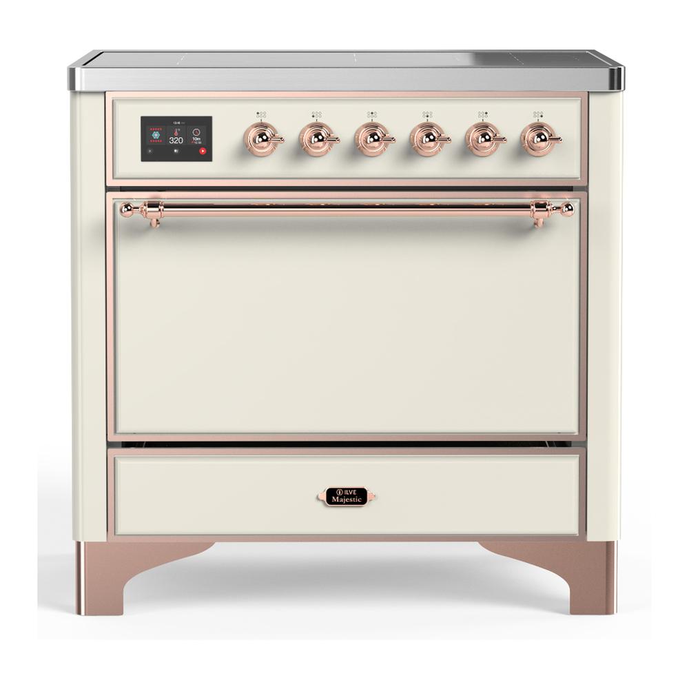 ILVE UMIB36QNR3AWP Majestic III 36 inch Induction Range with 6 Elements, 3.5 cu. ft. Total Oven Capacity (Solid Door, Antique White, Copper)