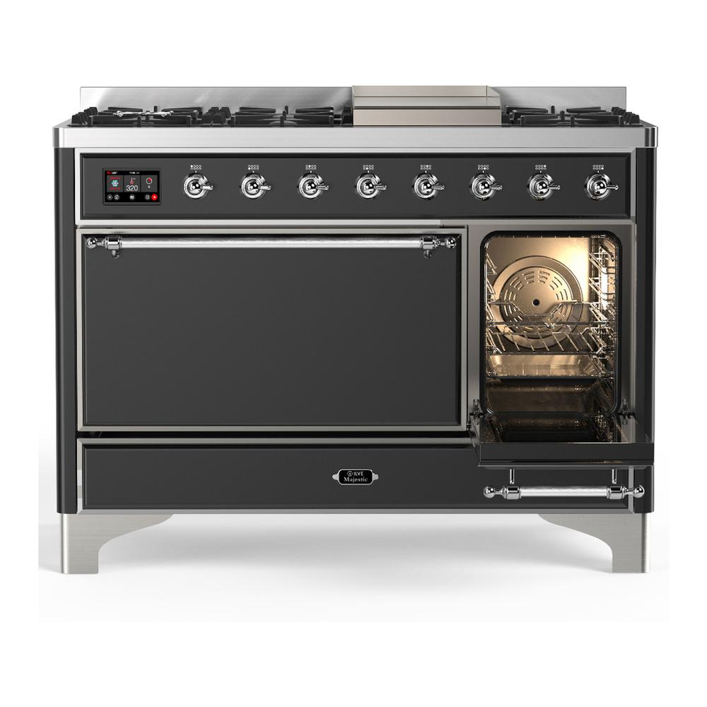 ILVE UM48FQNR3MGCLP Majestic III 48 inch Dual Fuel Range with 8 Burners and Griddle, Dual Function Burner up to 25,000 BTU (Liquid Propane, Solid Door, Graphite Matte, Chrome)