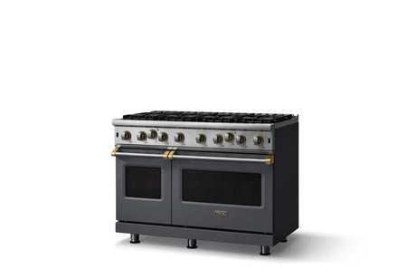 48"W. Open Burner Gas Range (Finish: Cast Black, Trim: Brushed Brass, Fuel: Natural Gas)