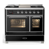 ILVE UMD40FNR3BKC Majestic III 40 inch Dual Fuel Range with 6 Burners and Griddle, Dual Function Burner up to 25,000 BTU (Natural Gas, Triple Glass Door, Glossy Black, Chrome)