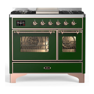 ILVE UMD40FNR3EGP Majestic III 40 inch Dual Fuel Range with 6 Burners and Griddle, Dual Function Burner up to 25,000 BTU (Natural Gas, Triple Glass Door, Emerald Green, Copper)