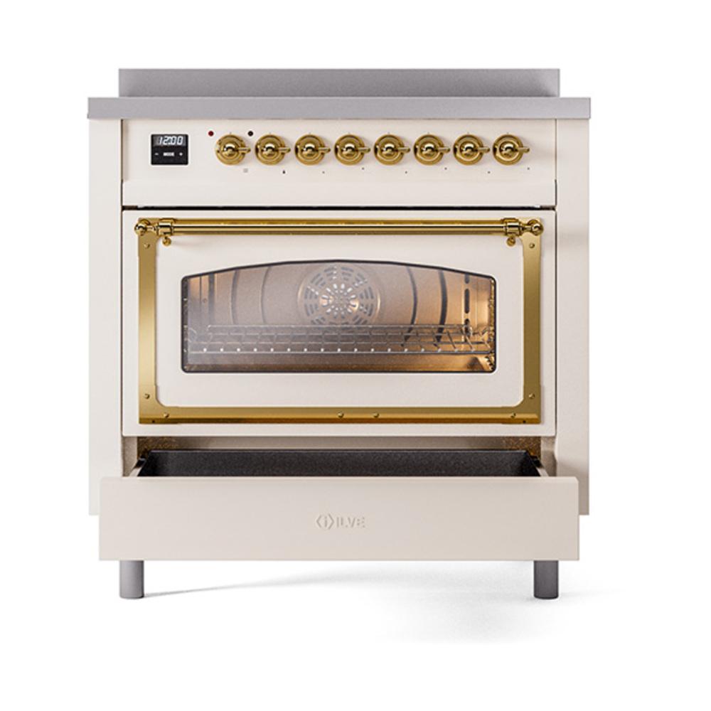 ILVE UNI366NMPAWG Nostalgie II Noblesse 36 inch Induction Range (Triple Glass Door, Antique White, Brass)