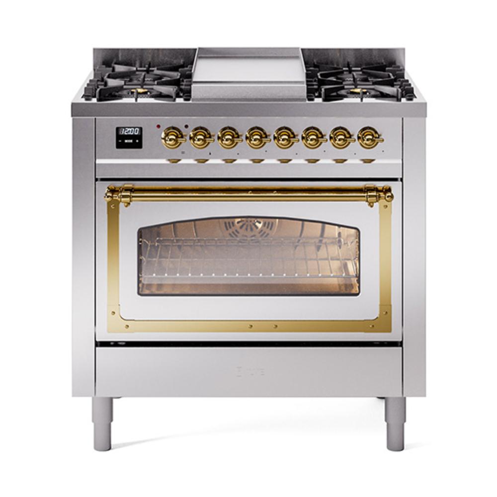 ILVE UN36FNMPSSGLP Nostalgie II Noblesse 36 inch Dual Fuel Range (Liquid Propane, Triple Glass Door, Stainless Steel, Brass)
