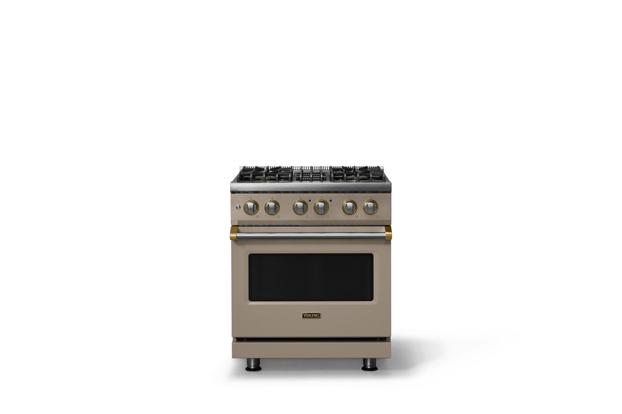 30"W. Dual Fuel Range (Finish: Nantucket, Trim: Brushed Brass, Fuel: Propane)
