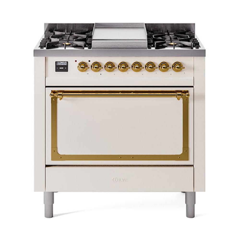 ILVE UN36FQNMPAWG Nostalgie II Noblesse 36 inch Dual Fuel Range (Natural Gas, Solid Door, Antique White, Brass)