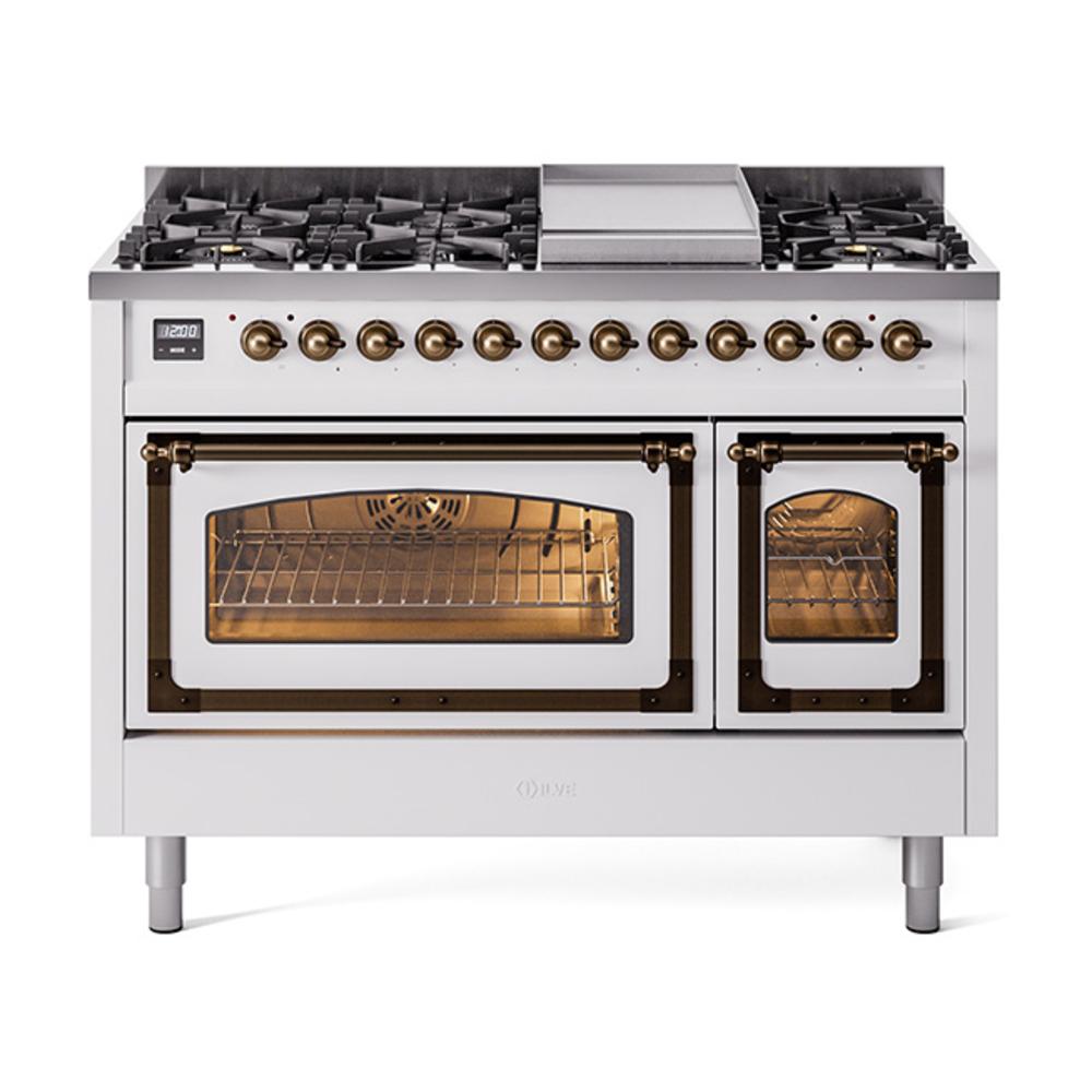 ILVE UN48FNMPWHB Nostalgie II Noblesse 48 inch Dual Fuel Range (8 Sealed Burners + Griddle, Natural Gas, Triple Glass Door, White, Burnished)