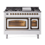 ILVE UN48FNMPWHB Nostalgie II Noblesse 48 inch Dual Fuel Range (8 Sealed Burners + Griddle, Natural Gas, Triple Glass Door, White, Burnished)
