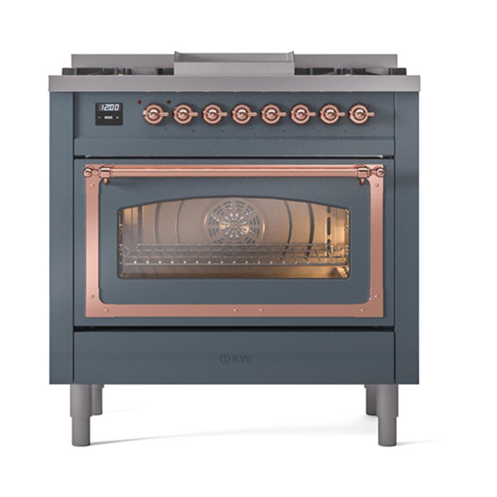 ILVE UN36FNMPBGP Nostalgie II Noblesse 36 inch Dual Fuel Range (Natural Gas, Triple Glass Door, Blue Grey, Copper)