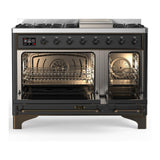 ILVE UM48FQNR3MGBLP Majestic III 48 inch Dual Fuel Range with 8 Burners and Griddle, Dual Function Burner up to 25,000 BTU (Liquid Propane, Solid Door, Graphite Matte, Burnished)