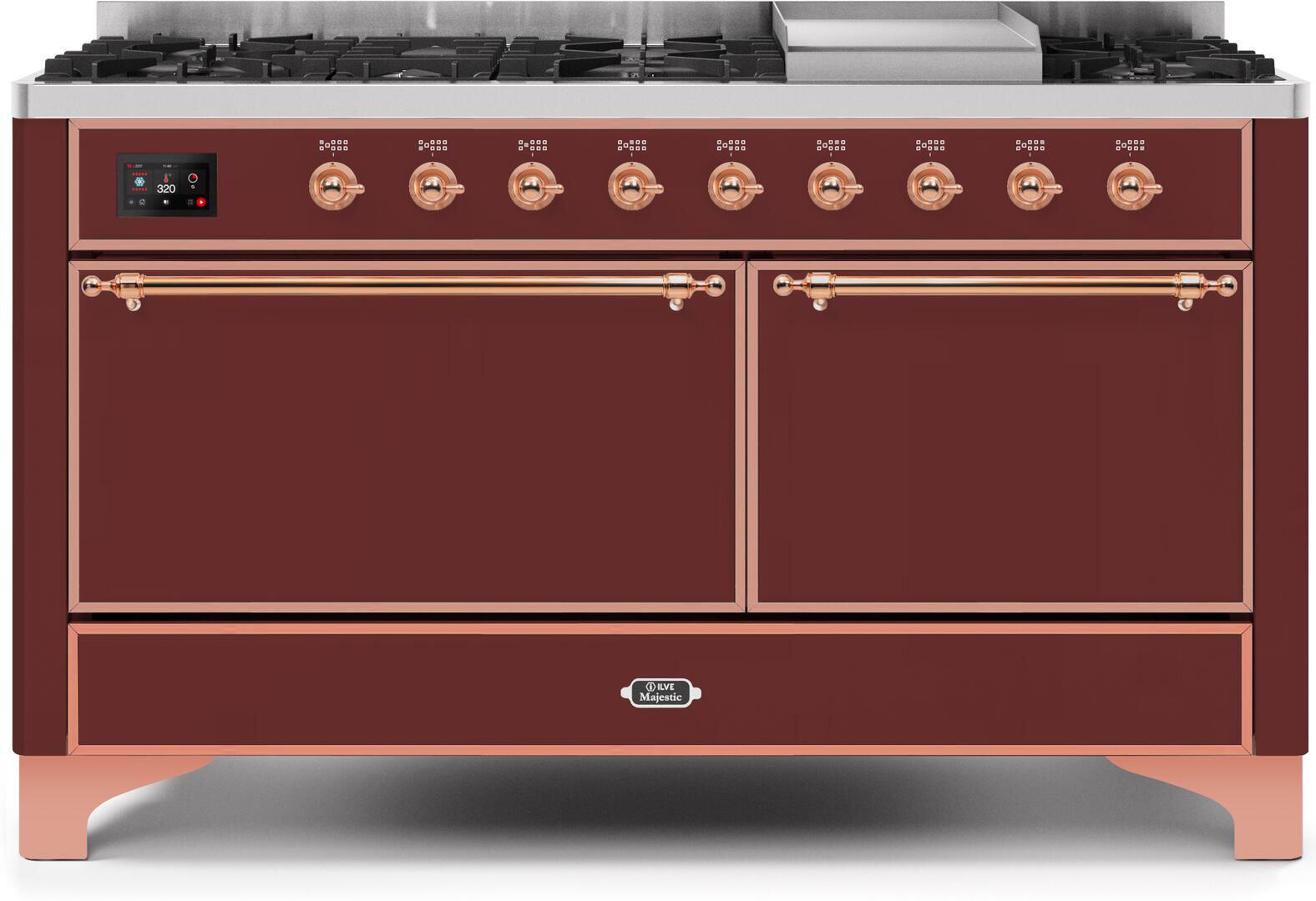 Majestic II 60 Inch Dual Fuel Liquid Propane Freestanding Range in Burgundy with Copper Trim