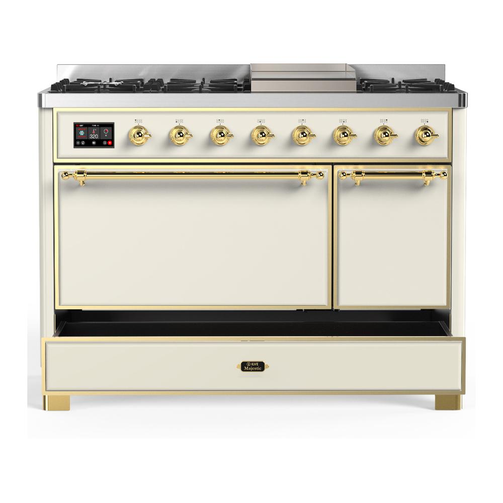ILVE UM48FQNR3AWGLP Majestic III 48 inch Dual Fuel Range with 8 Burners and Griddle, Dual Function Burner up to 25,000 BTU (Liquid Propane, Solid Door, Antique White, Brass)