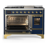 ILVE UM48FNR3MBG Majestic III 48 inch Dual Fuel Range with 8 Burners and Griddle, Dual Function Burner up to 25,000 BTU (Natural Gas, Triple Glass Door, Midnight Blue, Brass)