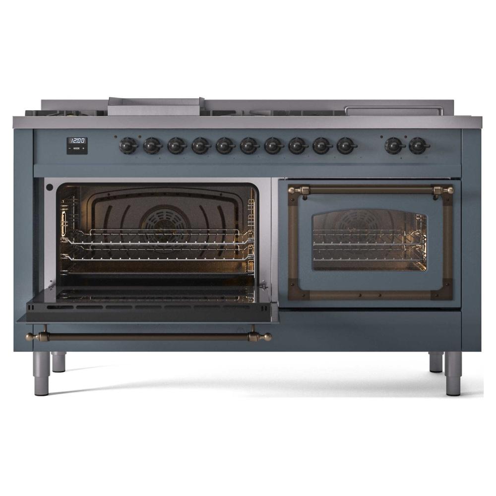 ILVE UN60FSNMPBGBLP Nostalgie II Noblesse 60 inch Dual Fuel Range (7 Sealed Burners + Griddle + French Top, Liquid Propane, Triple Glass Door, Blue Grey, Burnished)
