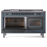 ILVE UN60FSNMPBGBLP Nostalgie II Noblesse 60 inch Dual Fuel Range (7 Sealed Burners + Griddle + French Top, Liquid Propane, Triple Glass Door, Blue Grey, Burnished)