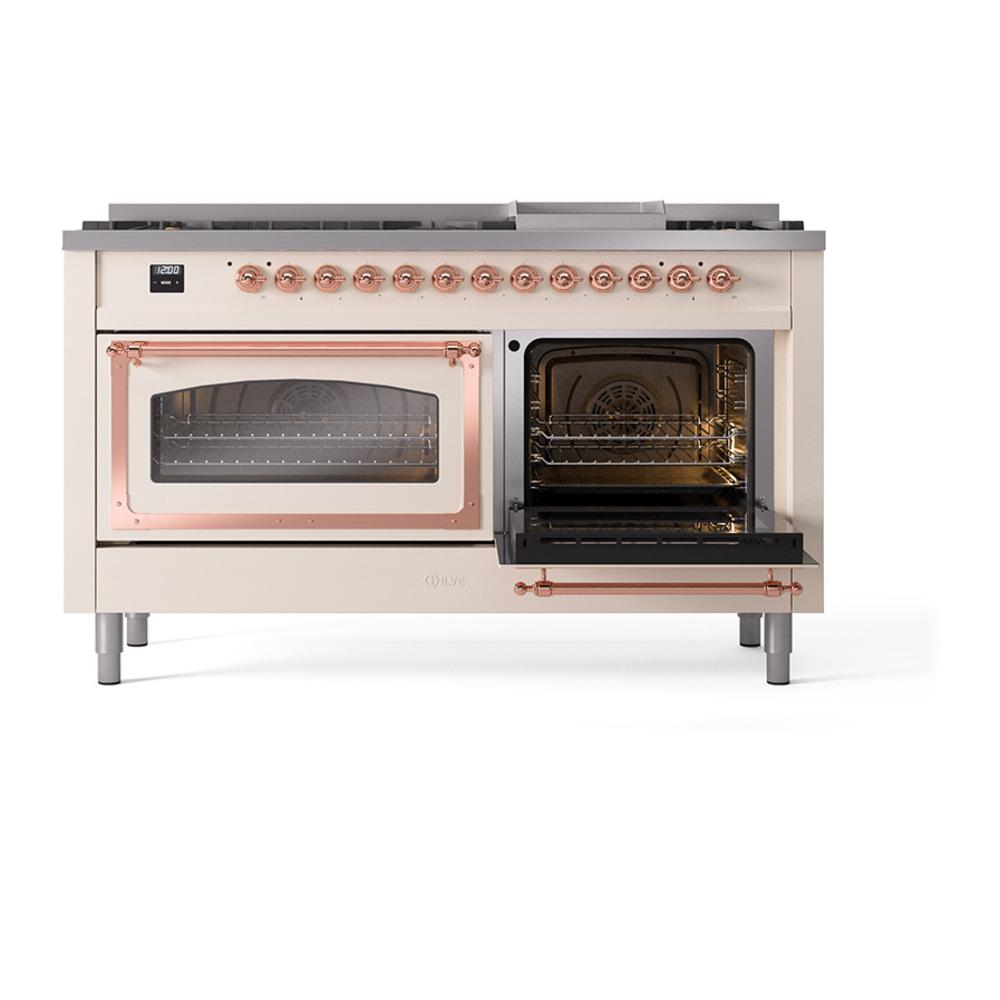 ILVE UN60FNMPAWP Nostalgie II Noblesse 60 inch Dual Fuel Range (9 Sealed Burners + Griddle, Natural Gas, Triple Glass Door, Antique White, Copper)