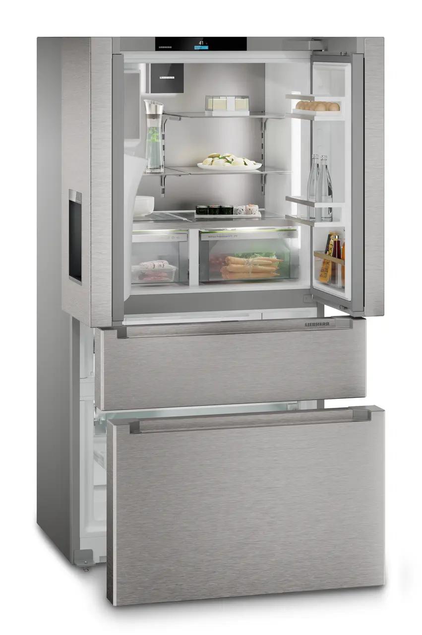 French door fridge-freezer with 2 freezer drawers and water and ice cube dispenser