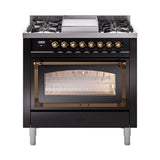 ILVE UN36FNMPBKB Nostalgie II Noblesse 36 inch Dual Fuel Range (Natural Gas, Triple Glass Door, Glossy Black, Burnished)