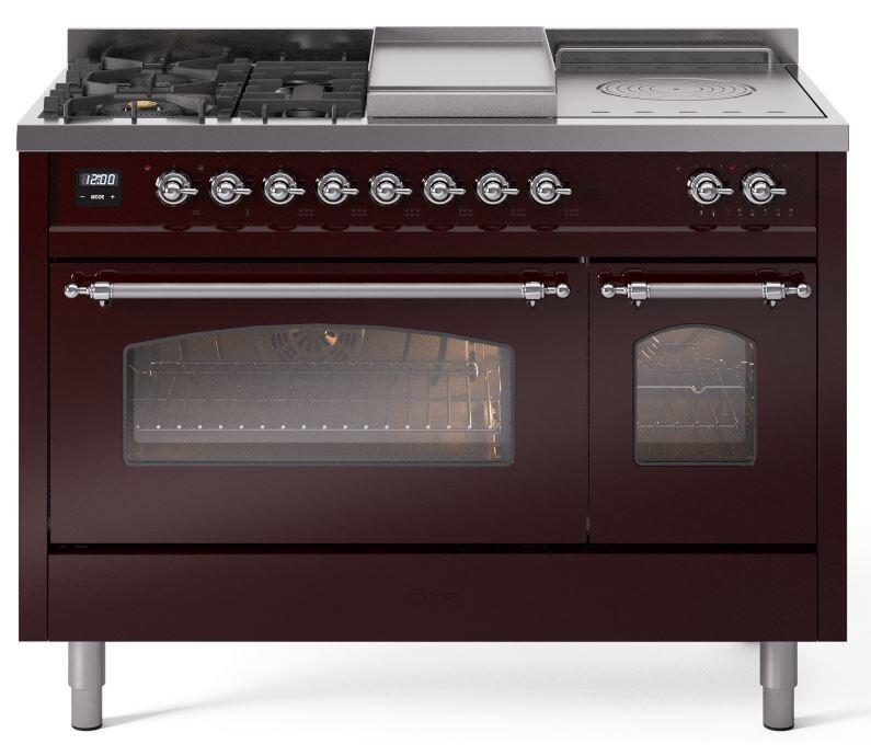 Nostalgie II 48 Inch Dual Fuel Liquid Propane Freestanding Range in Burgundy with Chrome Trim
