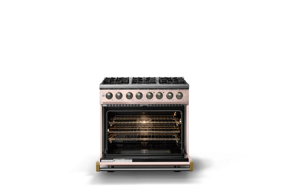 36"W. Dual Fuel Range (Burner: 6b, Finish: Blush, Trim: Brushed Brass, Fuel: Natural Gas)