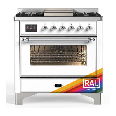 ILVE UM36FNR3RACLP Majestic III 36 inch Dual Fuel Range with 6 Black Brass Burners and Griddle, Dual Function Burner up to 25,000 BTU (Triple Glass Door, RAL, Chrome, Liquid Propane)