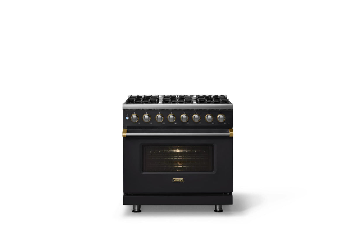 36"W. Dual Fuel Range (Burner: 6b, Finish: Onyx, Trim: Brushed Brass, Fuel: Natural Gas)